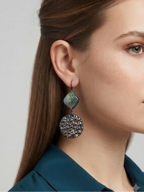 Paua Abalone Shell Drop Iridescent Square & Textured Metal Earrings
